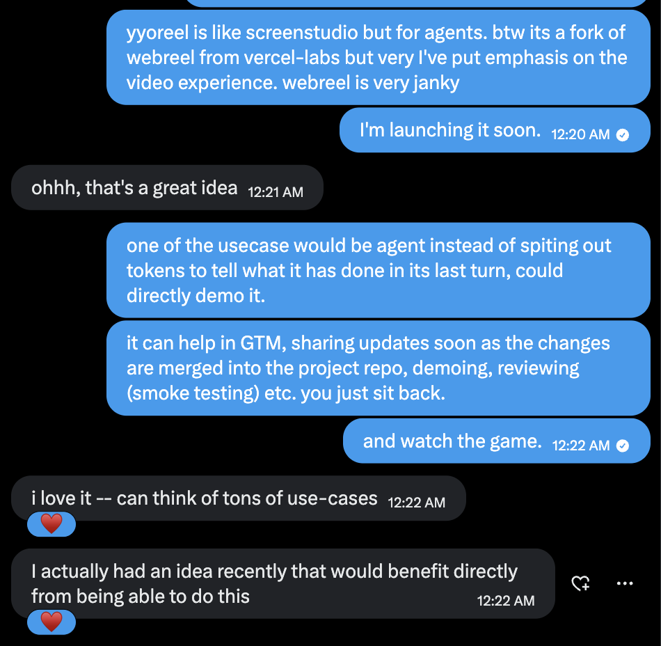 Chat about yyoreel and its use cases, with replies welcoming the idea and describing a direct need for it.