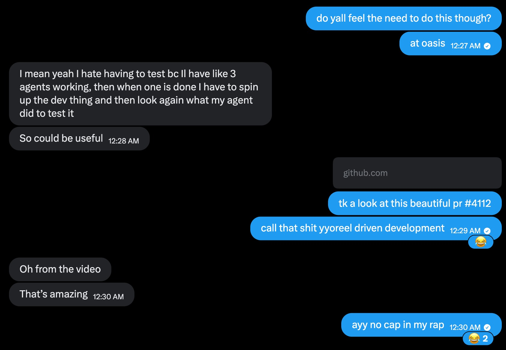 Chat about manually checking work from multiple agents, followed by a positive reaction to a yyoreel pull-request video.