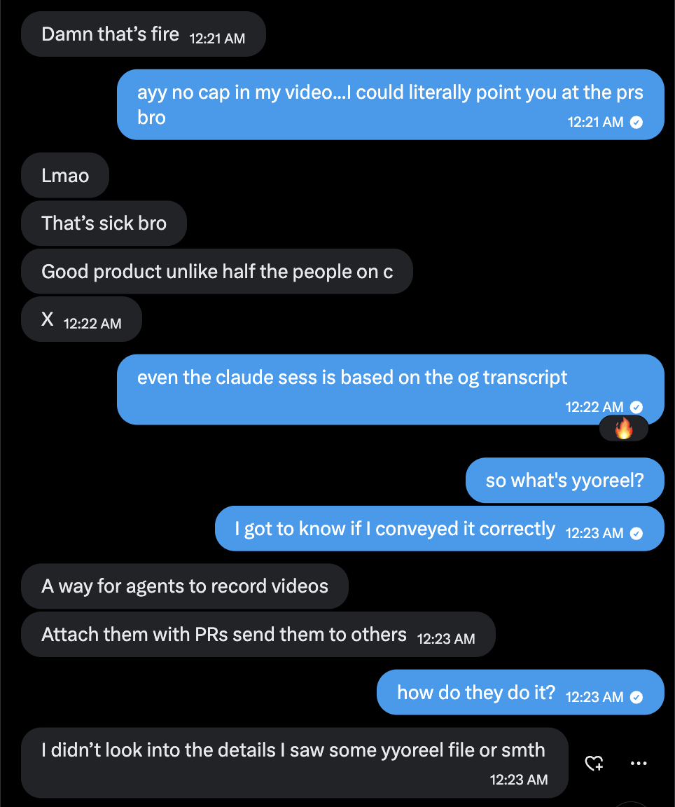 Chat reacting to yyoreel and explaining it as a way for agents to record videos and attach them to pull requests.