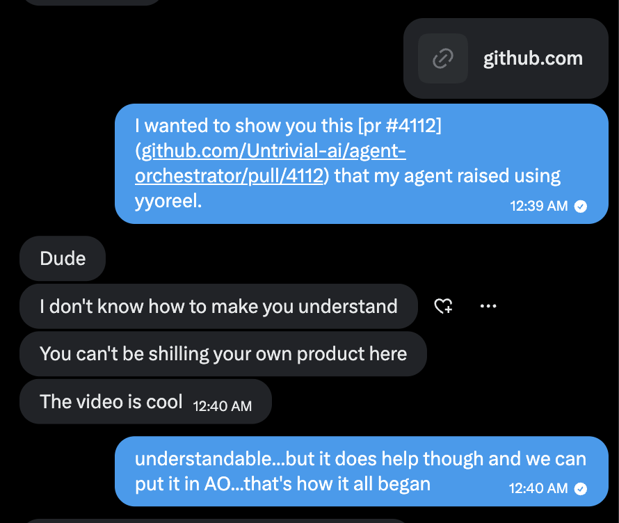 Chat about a yyoreel-recorded pull request, including a request to avoid self-promotion and the response that the video is cool.