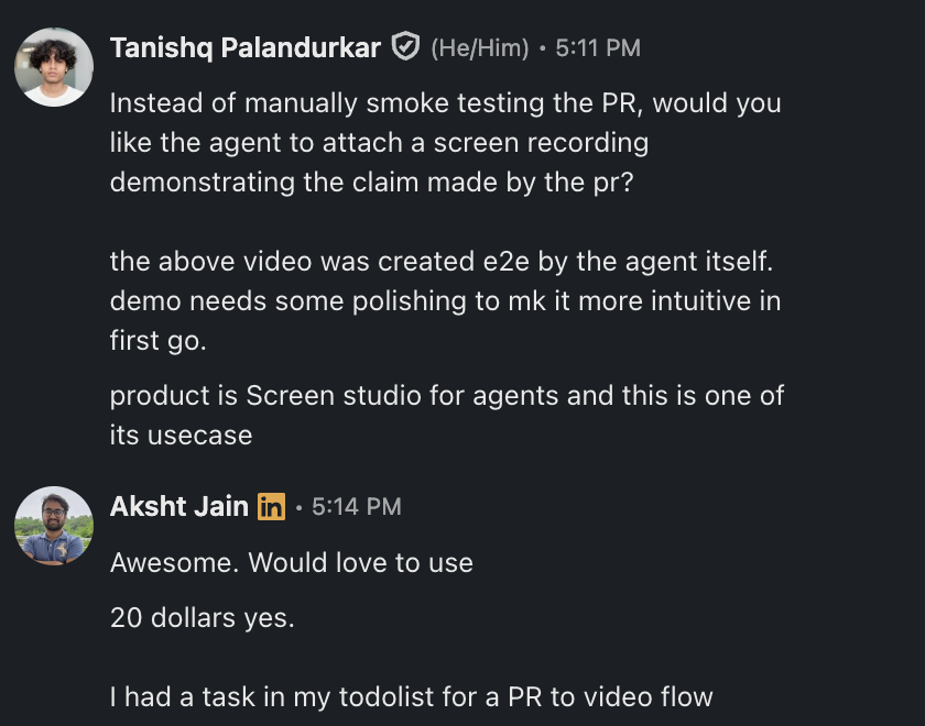 LinkedIn conversation with Aksht Jain, who would love to use yyoreel and had a PR-to-video flow on his task list.